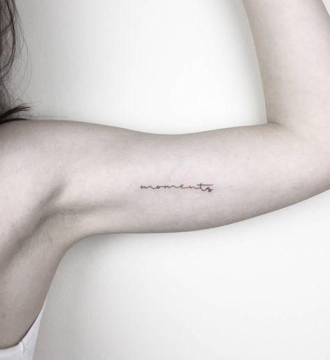 Small Tattoos That Prove How Powerful One Word Can Be Bicep Script Tattoo, Word Tattoo Placements, Bicep Tattoo Women, Underarm Tattoo, Inner Arm Tattoos, Inner Bicep Tattoo, One Word Tattoos, Writing Tattoos, Bicep Tattoo