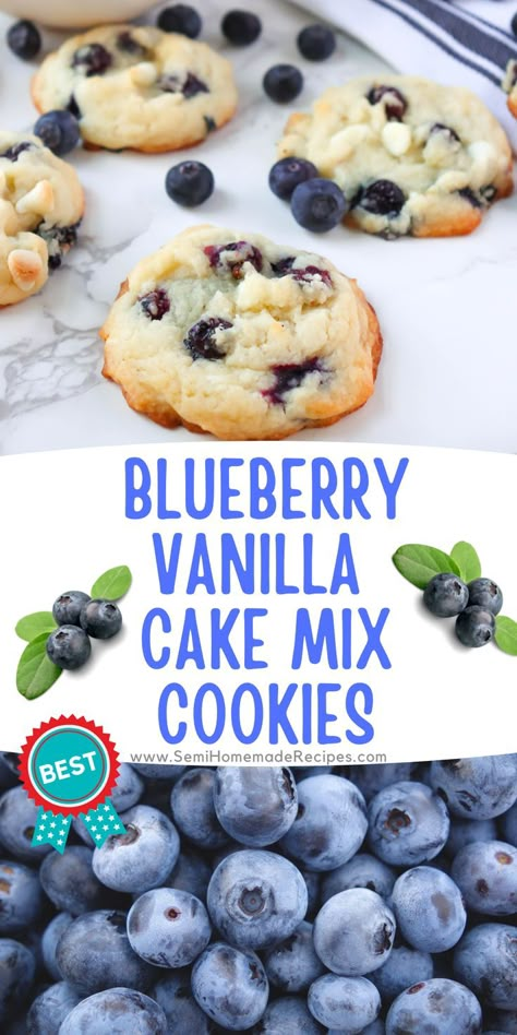 Blueberry Vanilla Cake Mix Cookies – soft semi homemade vanilla cookies that are packed full of white chocolate chips and fresh blueberries! Vanilla Cake Mix Cookies, Easy Blueberry Recipes, Cheesecakes No Bake, Blueberry Cookies Recipes, Blueberry Cake Mix, Finger Desserts, Cake Box Cookies, Blueberry Cookies, Cake Mix Cookie Recipes