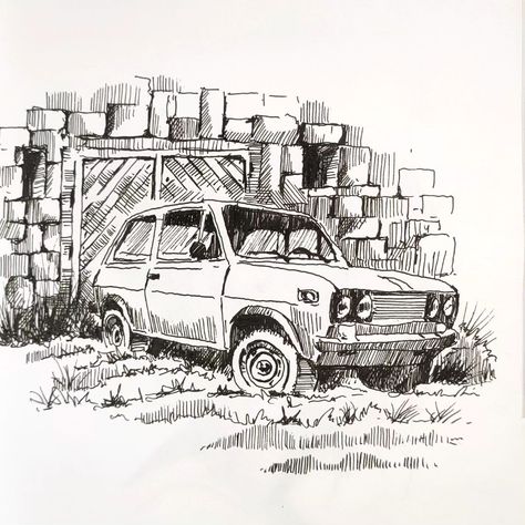 Sketch • Instagram Old Car Sketch, Simple Car Drawing, Sketch Instagram, Christmas Sketch, Sketch A Day, Pen Sketch, Car Sketch, Old Car, A Pen