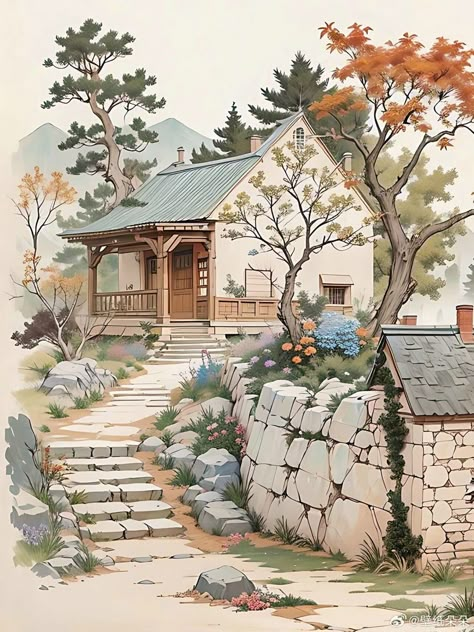 Cottage Concept Art, Ancient Korean Art, Fountain Architecture, Watercolor Scenery, Pretty Cottage, Butterfly Art Painting, Ancient Paintings, Building Illustration, Cactus Painting