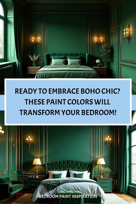 Bohemian bedroom with terracotta walls and eclectic decor Best Emerald Green Paint Colors Bedroom, Historic Bedroom Paint Colors, Sherwin Williams Cascades Bedroom, Boho Bedroom Wall Colors, Green Painted Bedroom, Bedroom Emerald Green, Color Drenched Bedroom, Earthy Boho Bedroom, Paint Colors For Bedroom