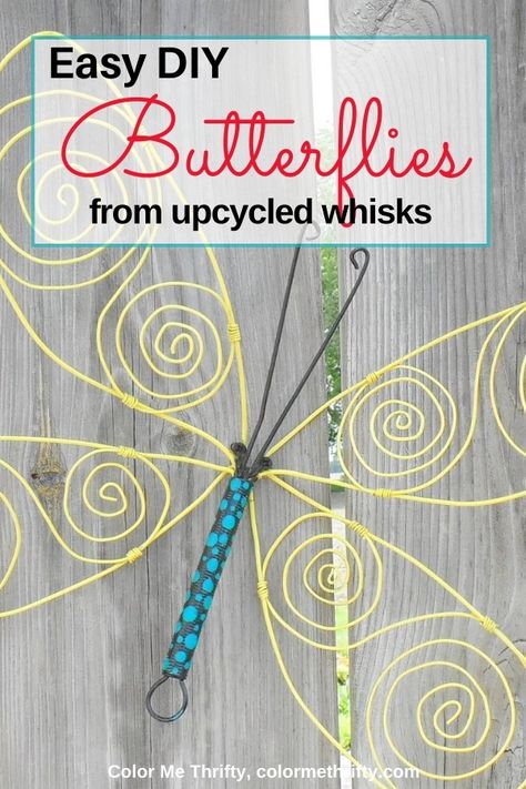 Create easy and colorful DIY butterflies from upcycled whisks to add a fun touch to your gardens and outdoor spaces. #DIYbutterfly #junkbutterfly #upcycledbutterfly #upcycledwhisk #repurposedwhisk #repurposedbutterfly Diy Butterflies, Dragonfly Yard Art, Spray Paint Crafts, How To Make Metal, Dragon Fly Craft, Butterfly Project, Butterfly Dragon, Diy Wind Chimes, Diy Butterfly