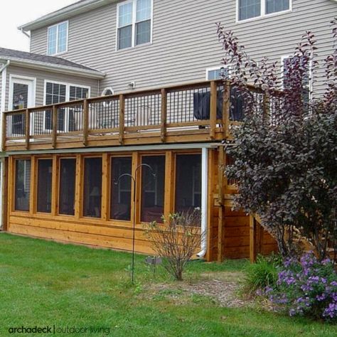 For better space management and more than one level of outdoor living space, build-out the area beneath your elevated deck. Deck Screening, Deck Screen, Screened In Porch Diy, Deck Addition, Under Deck, Screened Porches, Screened In Deck, House Addition, Deck Storage