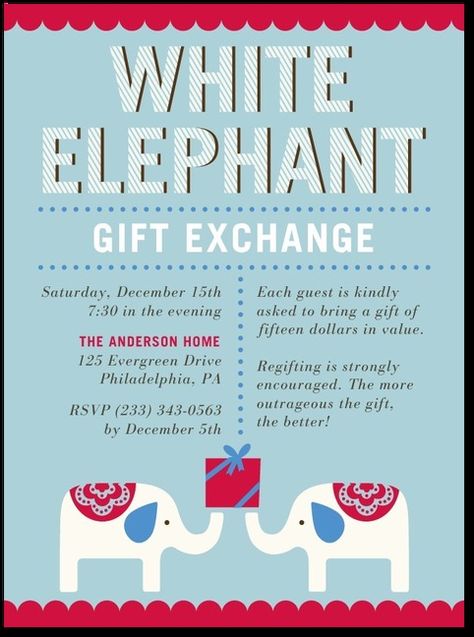 Elephant Swap - Flat Holiday Party Invitations in Peppermint or Autumn Orange | DwellStudio White Elephant Party Ideas, White Elephant Invitation Wording, Elephant Party Ideas, White Elephant Invitation, Host Ideas, Funny Christmas Party Invitations, White Elephant Christmas, Gift Exchange Party, White Elephant Gift Exchange