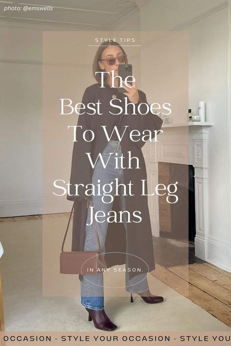 Wondering what shoes to wear with straight leg jeans? Or how to style straight leg jeans in general? Get tons of casual and modern straight leg jeans outfits to inspire you for spring, summer, for fall, and winter 2023, whether you are curvy or petite, you'll love these looks. And get inspo for outfits with boots, ankle boots, sneakers, flats, and heels for work or date night. The straight leg jeans aesthetic is so in right now! Straight Leg Jean With Ankle Boots, Straight Leg Jeans Outfits 2023, 2023 Boots Outfit, Casual Fall Sneaker Outfits, Shoes 2023 Fall, Levis 501 Straight Leg Outfit, Winter Shoes For Women 2023, Boots For Wide Leg Jeans, Dark Wash Straight Leg Jeans Outfit