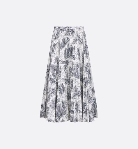 Pleated Mid-Length Skirt White Cotton Denim with Blue Toile de Jouy Scotland Motif | DIOR Dior Silhouette, Scottish Folklore, Dior Skirt, Blue Toile, Mid Length Skirts, Skirt White, Total Look, Midi Skirts, Dress Midi