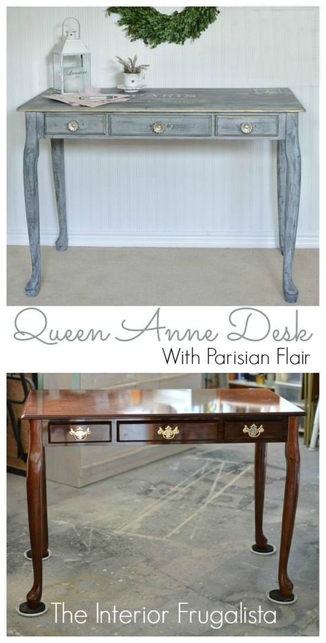 A small Queen Anne Secretary Desk makeover with a handpainted Parisian Postmark top and layers of grey chalk paint and gold gilding wax. Queen Anne Desk, Secretary Desk Makeover, Queen Anne Furniture, Easy Furniture Makeover, Parisian Vintage, Makeover Before And After, Desk Makeover, Trendy Furniture, Secretary Desk