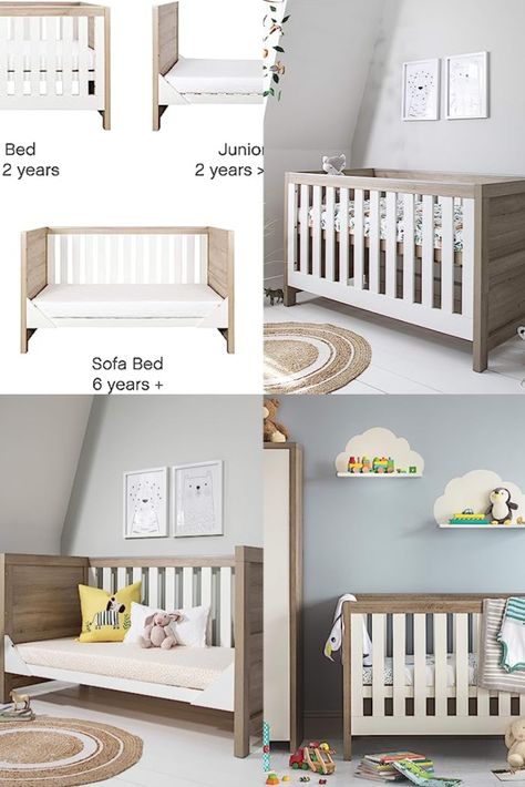 Tutti Bambini Modena Nursery Cot Bed - Converts into a Junior and Sofa Bed (White & Oak) Nursery Decor Wooden Baby Cot, Nursery Cot Bedding, Wooden Baby Crib, White Cot, Baby Cot Bedding, Baby Cot, Cot Bedding, Wood Trim, White Bedding