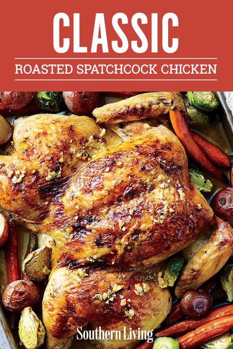 Whole Chicken Flattened, Flatten Chicken Recipes, Spatchcock Chicken Recipes Oven, Flat Chicken Whole, Spatchcock Chicken Oven Roasted With Vegetables, Spatchcock Roasted Chicken, Spatcock Chicken, Spackcocked Chicken, Flattened Chicken Recipes