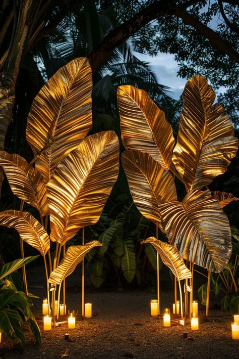 Unique Ceremony Backdrop: Gilded Tropical Leaves & Romantic Candlelight Tropical Wedding Backdrop, Elegant Luau, Tropical Night Party, Tropical Party Backdrop, Tropical Arch, Tropical Garden Wedding, Leaves Backdrop, Summer Wedding Decor, Tropical Backdrop