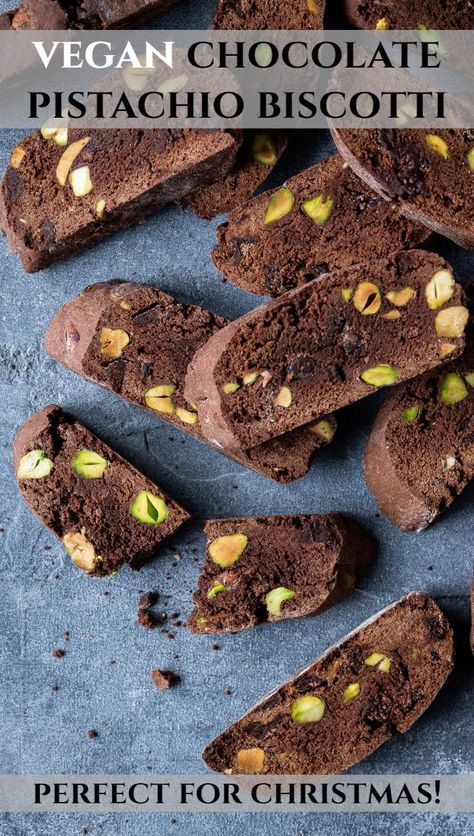 Vegan chocolate pistachio biscotti – these easy vegan biscotti cookies are delicious, chocolaty, easy to make and perfect for dunking! They keep really well so are perfect for giving as handmade gifts. Eggless and dairy-free. #veganbaking #vegancookies #veganbiscuits #eggless Vegan Pistachio Recipes, Gluten Free Dairy Free Biscotti, Biscotti Recipe Vegan, Vegan Biscotti, Vegan Biscotti Recipe Easy, Vegan Pistachio Cookies, Vegan Biscotti Recipe, Vegan Pistachio Muffins, Pistachio Spice Biscotti