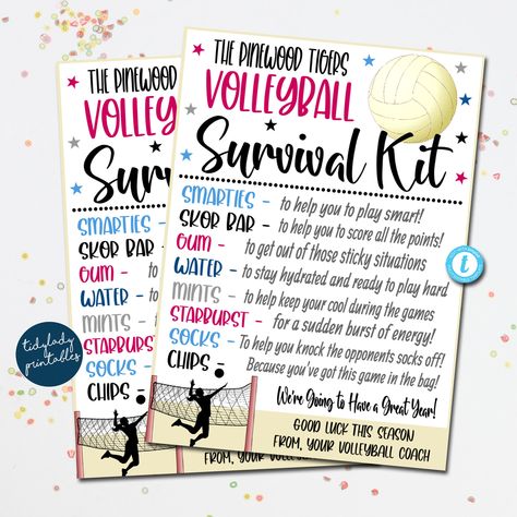 Volleyball Survival Kit, Volleyball Team Gift, School Sports — TidyLady Printables Volleyball Tournament Survival Kit, Volleyball Diy Crafts, Volleyball Survival Kit Ideas, Volleyball Gift Basket, Volleyball Basket Gift Ideas, Volleyball Crafts For Team, Volleyball Team Bonding Crafts, Volleyball Survival Kit, Volleyball Treats Team Gifts