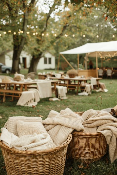 15 Budget-Friendly Backyard Wedding Ideas – Everyday Inspo Fall Backyard Wedding Ceremony, Blankets Outdoor Wedding, Outdoor Dinner Party Wedding, Backyard Reception Ideas Small, Rustic Tent Wedding Decorations, December Backyard Wedding, Micro Wedding Picnic, Bonfire Wedding Reception Fall, Fun Casual Wedding Ideas