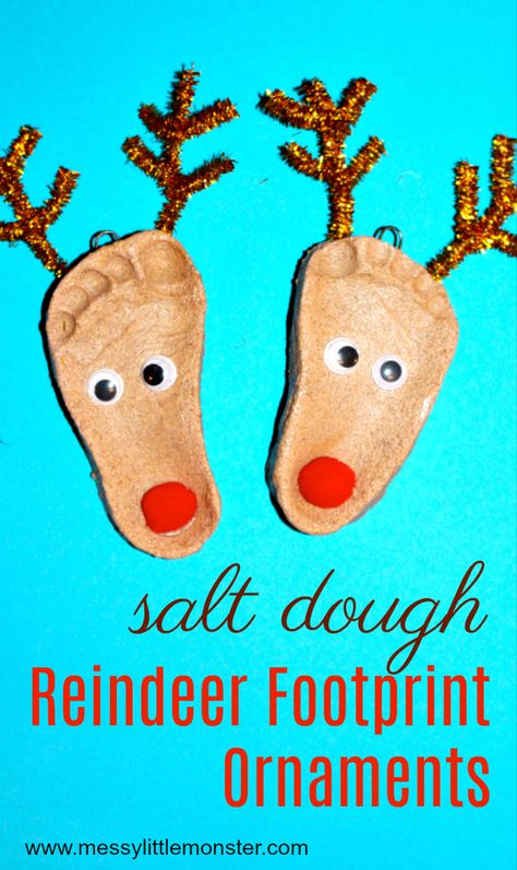 Salt dough ornaments. Reindeer footprint craft for kids. Reindeer Footprint, Dough Crafts, Salt Dough Crafts, Footprint Craft, Handprint Ornaments, Reindeer Craft, Footprint Crafts, Dough Ornaments, Footprint Art