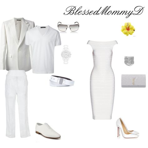 "Couples Outfits" by blessedmommyd on Polyvore  White Party Attire for Couples,   Men's Outfit, Men's Wear, Men's Attire White Party Couple Outfit, Black Couples Matching Outfits, White Party Attire, Couples Matching Outfits, All White Party Outfits, Wardrobe Images, White Attire, Party Dress Codes, Cocktail Dress Outfit