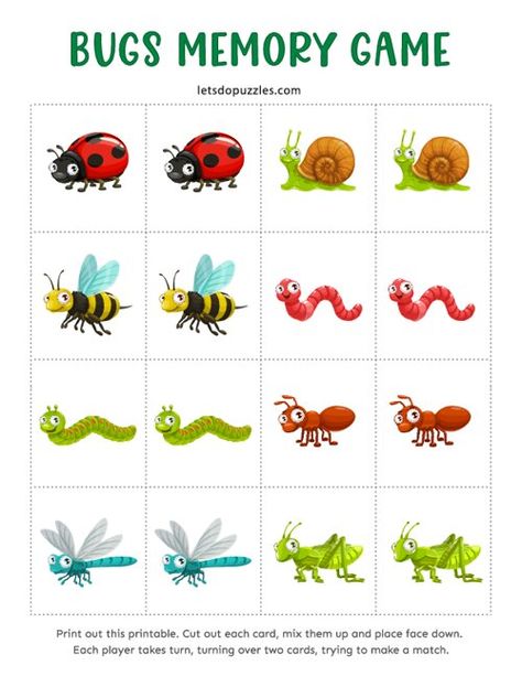 Free Printable Bugs Memory Game Preschool Bug Theme, Insects For Kids, Head Start Classroom, Matching Games For Toddlers, Origami Paper Flowers, Word Games For Kids, Bug Activities, Insects Preschool, Bugs Preschool