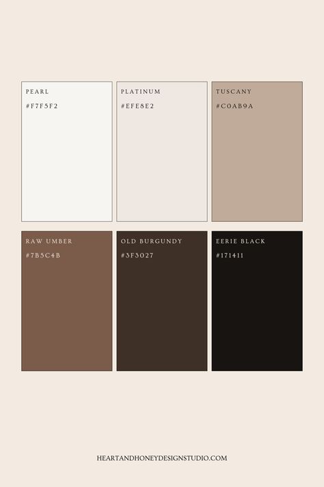 Color Palette Inspiration - Neutral + Earthy Colors for Your Website Design — Heart + Honey Design Studio Website Design Color Palette, Deep Earthy Color Palette, Midcentury Modern Colour Palette, Post Modern Color Palette, Dark Neutral Color Palette, Cafe Color Palette, Neutral Branding Color Palette, Neutral Colors Palette, Wabi Sabi Color Palette