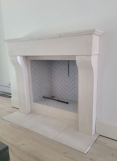 Cast Stone Fireplace Mantle, Transitional Fireplace Design, Fireplace Limestone, Stone Fireplace Mantle, Cast Stone Fireplace Surround, Limestone Fireplace Surround, Cast Stone Mantel, Limestone Mantel, Fireplace Mantel Designs