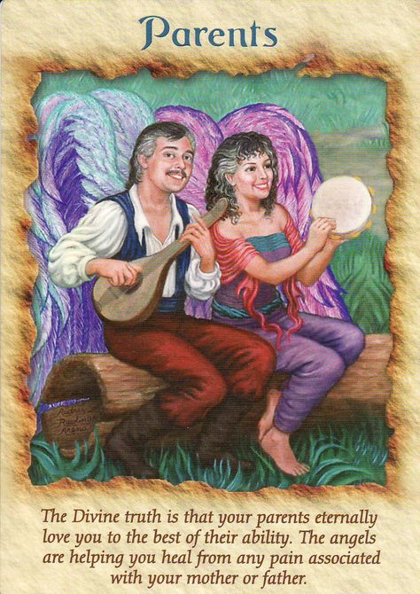 Parents, from the Angel Therapy Oracle Cards. Artwork by Audrey Rawlings Arena. Angel Therapy, Angel Tarot Cards, Tarot Magic, Angel Oracle Cards, Angel Tarot, Angel Cards Reading, Angel Prayers, Doreen Virtue, Angel Guidance