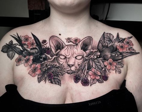 Kawarin on Instagram: “Two sessions 🥰 Grumpy sphinx cat and two swallows 🌿 #linework #dotwork #slavic #swallow #swallowtattoo #chesttattoo #cat #sphynxcat…” Cat Chest Tattoo, Tattoo Gato, Tattoos Traditional, Mandala Tattoos, Tattoos Inspiration, Tattoos Mandala, Swallow Tattoo, Sphinx Cat, Chest Tattoos