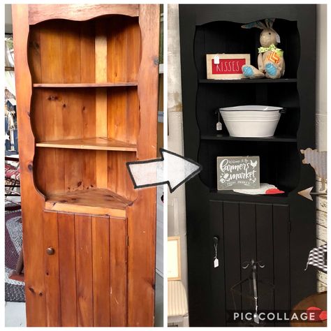 Wood corner cabinet to black Black Corner Hutch, Corner Hutch Makeover, Black Corner Cabinet, Ristoc Outdoorsman Corner Cabinet, Chalk Painted Corner Cabinet, Painted Antique Corner Cabinet, Antique Corner Hutch, Painted Corner Cabinet, Primitive Corner Cabinet