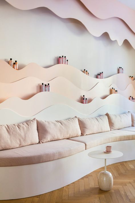 ASKA uses organic shapes and pastel colours for Maria Nila hair salon Maria Nila, Hair Salon Interior, Swedish Furniture, Spatial Design, Viewing Room, Vibe Check, New Interior Design, Salon Interior Design, Pastel Colour Palette