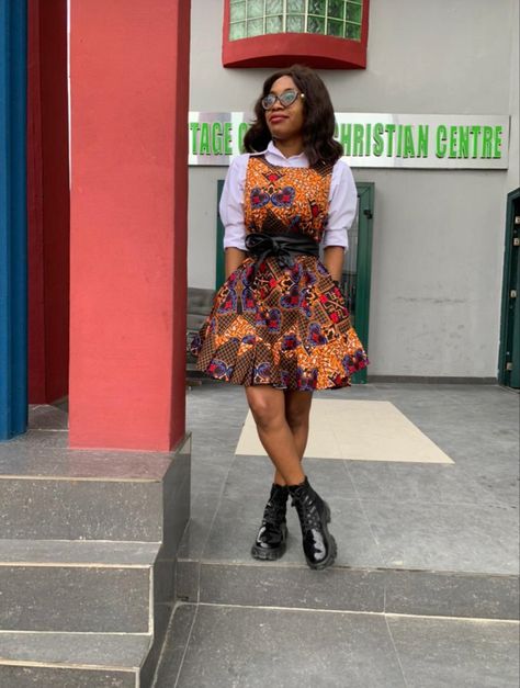 Ankara Pinafore Dress Outfit, Ankara Pinafore Styles, Ankara Pinafore, Pinafore Dress Outfit, Chitenge Outfits, African Tops For Women, Dress With Shirt, Short Ankara Dresses, Simple Dress Styles