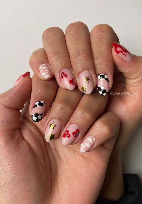 retro nails design, 90s retro nails, 80s nails, retro nail ideas, 70s nails, 70s nail designs, retro swirl nails, retro nail Colors, flower retro nails, checkerboard nails Summer Nail 2024 Trends Design, Multi Nail Designs, Opposite Nails On Each Hand, Mix Match Nails Short, Short Retro Nails, Retro Short Nails, Spring Short Nails 2024, Fun Trendy Nails, Funky Neutral Nails