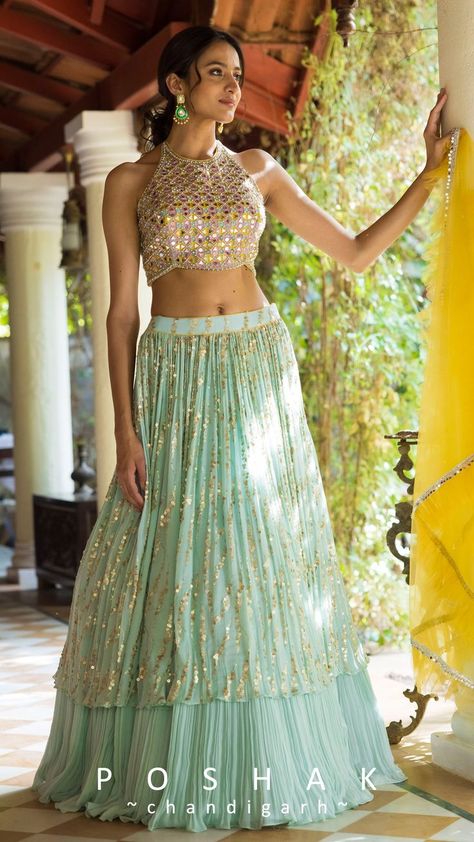 Designer Lehenga Choli Shop in Chandigarh Blue Sequin Lehenga, Mirrorwork Lehenga, Sequins Lehenga, डिजाइनर कपड़े, Halter Neck Blouses, Mirror Work Blouse, Green Lehenga, Blue Lehenga, Lehenga Blouse