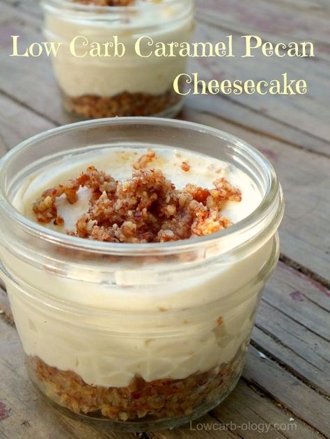 Low Carb Caramel Pecan Cheesecake, Phase 1 Induction - Creamy, no bake cheesecake with only 1.7 net carbs per serving | lowcarb-ology.com Caramel Pecan Cheesecake Recipes, Low Carb Caramel, Pecan Cheesecake Recipes, Caramel Pecan Cheesecake, Low Carb Cheesecake Recipe, Pecan Cheesecake, Low Carb Brownies, Desserts Keto, Atkins Recipes