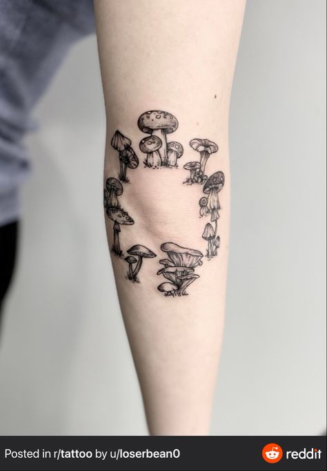 Fairy Grunge Tattoo Aesthetic, Mushroom Tattoo Around Knee, Elbow Mushroom Tattoo, Rat Mushroom Tattoo, Single Mushroom Tattoo, Mushroom Fairy Circle Tattoo, Mushroom Botanical Tattoo, Mushroom Tattoo Realistic, Mushroom Circle Tattoo Knee