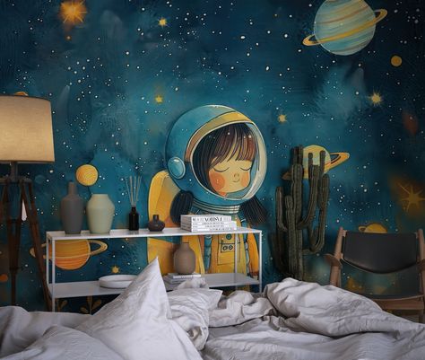 3D Space Landscape Wallpaper, Planet and Girl Astronaut Wallpaper for Kids and Nursery Room, Galaxy Wall Mural, Girly Space Theme Art Space Landscape Wallpaper, Space Theme Art, Galaxy Wall Mural, Room Galaxy, Cork Wallpaper, Space Landscape, Tapete Gold, Wallpaper For Kids, Plaster Texture