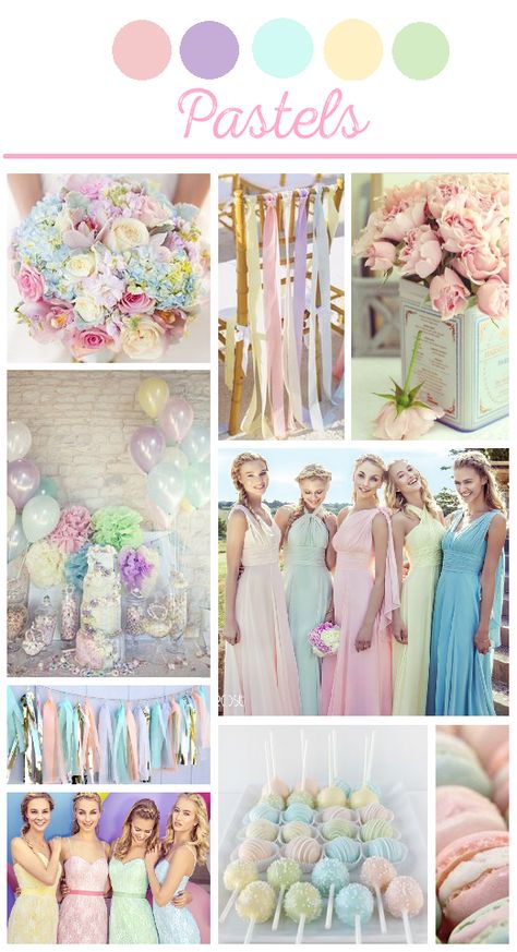 Pastel wedding themed inspiration board. #Wedding #pastel #bridesmaids #weddinginspiration Pastel Wedding Party Attire, Soft Pastel Wedding Theme, Pastel Wedding Dress Code, Rainbow Wedding Color Palette, Grandmacore Decor, Pastel Beach Wedding, Pastel Rainbow Wedding, Iridescent Wedding, Rainbow Wedding Theme