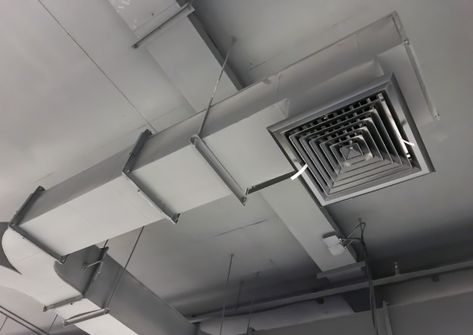 Building interior air duct | Premium Photo #Freepik #photo Ceiling Air Conditioner, Air Conditioning Design, Hvac Ductwork, Ceiling Vents, Ducted Air Conditioning, Clean Air Ducts, Ventilation Design, Air Ducts, Air Ventilation