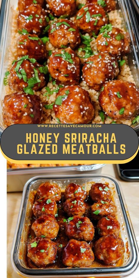 These honey sriracha glazed meatballs are the perfect blend of sweet and spicy! Tender, juicy meatballs coated in a sticky, flavorful glaze make for an irresistible appetizer or main dish. Sriracha Meatballs, Juicy Meatballs, Spicy Meatballs, Glazed Meatballs, Tasty Lunch, Spicy Honey, Lunch Idea, Lunch Recipe, Peanut Butter And Jelly