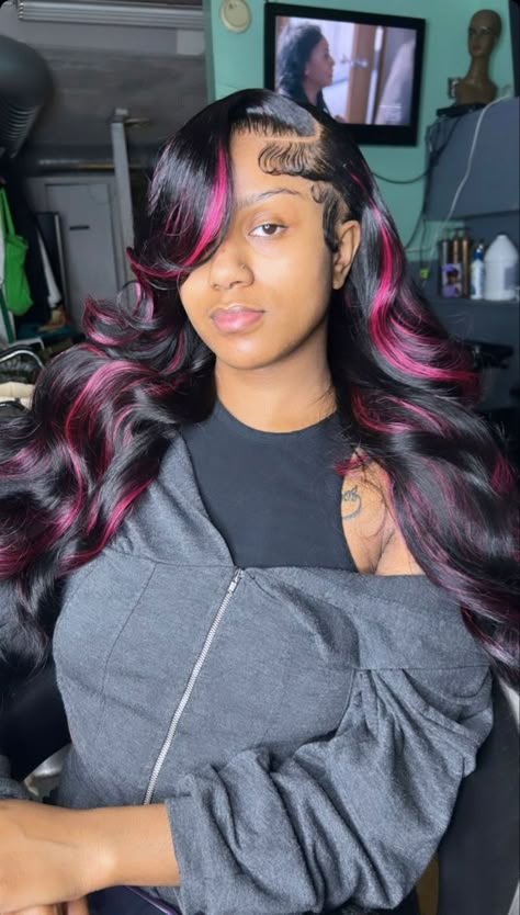 Quick Weave Pink Highlights, Leave Out With Pink Highlights, Side Part With Pink Highlights, Pink And Black Sew In Leave Out, Side Part Sew In With Color Streaks, Side Part Sew In Color, Black Wig With Pink Highlights Side Part, Side Part Quick Weave With Pink Highlights, Black And Pink Wigs For Black Women