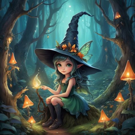 Discover the whimsical charm of a cute, petite fairy wearing a witch's hat. This enchanting fairy combines the magic of fantasy with a touch of Halloween flair, captivating hearts with her delicate features and playful presence. Perfect for fairy tale enthusiasts and lovers of all things magical. 🧚‍♀️🎩✨ #Fairy #WitchesHat #Whimsical #Magical #Fantasy #FairyTale #Halloween #Cute #Mystical #Charming #Delicate #FantasyArt #EnchantedForest Whimsical Witch Art, Fairy Under A Mushroom, Forest Witch Illustration, Fairy In A Teacup Drawing, Fairy Pets Fantasy Art, Delicate Features, Owl Art, Enchanted Forest, Witch Hat