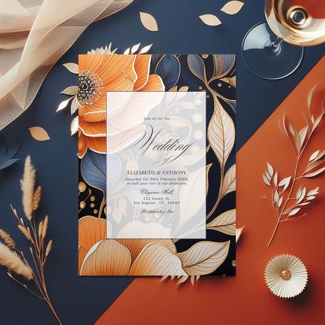 Navy, Burnt Orange & Champagne Floral Wedding Tri-Fold Invitation Blue Orange Weddings, Orange Weddings, Orange Champagne, Floral Wedding Stationery, Champagne Flowers, Wedding Color Trends, Welcome Design, Sisters Wedding, Summer Garden Wedding