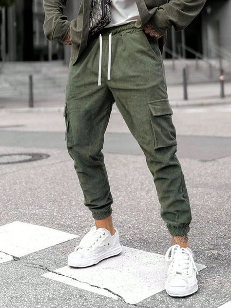 Men's Casual Corduroy Cargo Pants, Multi-Wear 3/4 Trousers Army Green Street   Fabric Plain Jogger Slight Stretch Fall/Winter Men Clothing, size features are:Bust: ,Length: ,Sleeve Length: Cargo Joggers Mens, Corduroy Overalls, Green Street, Pockets Fashion, Mens Pants Fashion, Cargo Joggers, Ankle Length Pants, Casual Trousers, Winter Casual