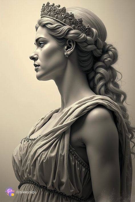 In this stunning representation, Hera, the goddess of marriage, is captured in a moment of divine serenity. With her flowing gown and elegant posture, she symbolizes the sacred bond of marriage and the strength of family. A beautiful tribute to one of the most powerful goddesses in Greek mythology. #Hera #GoddessOfFamily #GreekMythology #EpicArt #MarriageProtector #OlympianGoddess #MythicalArt Hera Goddess Art, Female Greek Statue, Greek Mythology Hera, Hera Statue, Hera Art, Hera Greek Goddess, Greek Goddess Hera, Greek Goddess Tattoo, Goddess Of Marriage