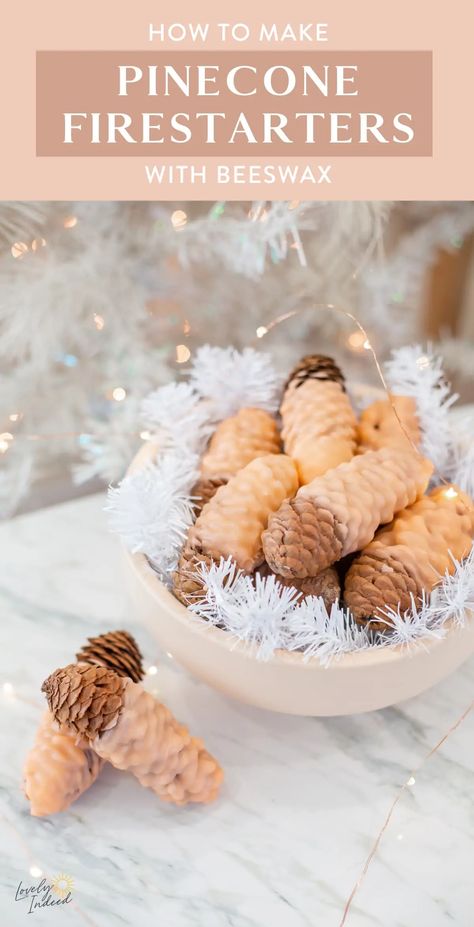 An easy way to make beautiful pine cone fire starters! These charming waxed pine cones look lovely as holiday or Christmas decor, and are useful for helping to start a roaring fire on a cozy evening. Learn how to make this pine cone craft for holiday gifts and more. Pinecone Firestarters, Pine Cone Fire Starters, Pine Cone Craft, Fire Starters Diy, Pine Cone Christmas Decorations, Pinecone Crafts Christmas, Teacher Holiday Gifts, Holiday Table Centerpieces, Craft Projects For Adults