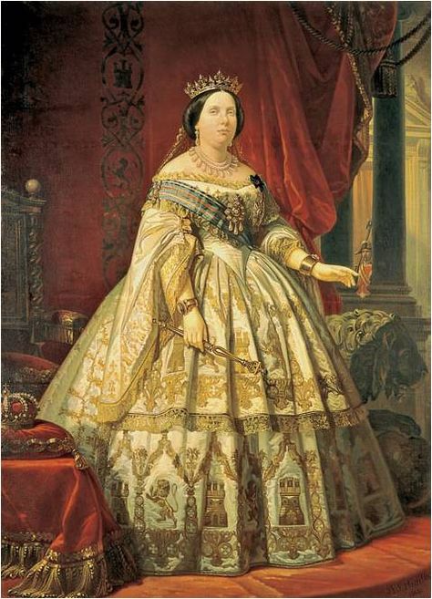 Royal Portraits Painting, Queen Isabella, Victorian Gown, 1860 Fashion, Spanish Royalty, European Dress, Spanish Fashion, 19th Century Fashion, Royal Dresses