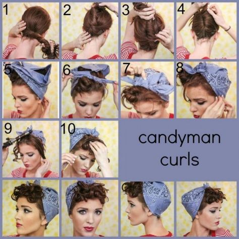 How to DIY Candyman Curls Hairstyle Diy Pinup Hair, 1940 Costume Ideas, Greaser Hairstyles For Women, Rosie Riveter Hair, Rosie The Riveter Makeup, 50s Pinup Hairstyles, Rosie The Riveter Hairstyle, Pinup Outfits Ideas, 1940s Headscarf