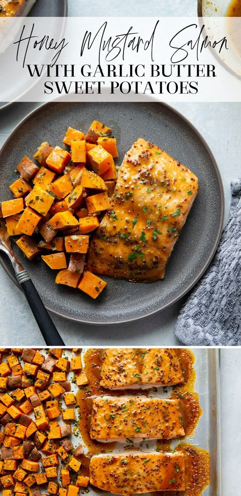 Butter Sweet Potatoes, Roasted Sweet Potato Fries, Sweet Potato Oven, Spiralized Sweet Potato, Honey Mustard Salmon, Salmon And Sweet Potato, Sweet Potatoes Recipe, Mustard Salmon, Garlic Butter Salmon