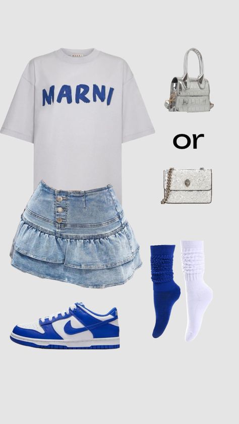 Racer blue dunk outfit +Marni shirt + Kurt geiger bag + SHEIN . #racerbluedunks #blueoutfit Blue Dunk Outfit, Blue Dunks Outfit, Blue Dunks, Kurt Geiger Bag, Marni Shirt, Dunk Outfit, Dunks Outfit, Clueless Outfits, Fasion Outfits