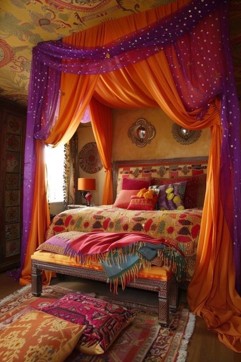 Orange And Purple Room, Bohemian Deco, Romantic Interior, Dream Bedroom Inspiration, Moroccan Bedroom, Bedroom Ideas Inspiration, Moroccan Living Room, Fantasy Rooms, Purple Rooms