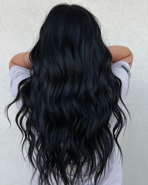 Have you booked your glaze to refresh your hair ? Dm or click the link in the bio 💙🌀🫐 #toner #blackhair #curlyhair #curlinghair #glaze #glazerefresh #explore #azhair #azhairstylist #scottsdalearizona #phoenixarizona #phoenixhairstylist #wanderingwildflowerco #longdarkhair #longhair #longhairstyles #wavycurls #wavyhair Jet Black Hair With Extensions, Dark With Dimension Hair, Western Black Hair, Black Hair Inspo Long, Level 2 Hair Color, Long Black Hair Wavy, Dark Indigo Hair, Black Hair Curled, Dark Dark Brown Hair