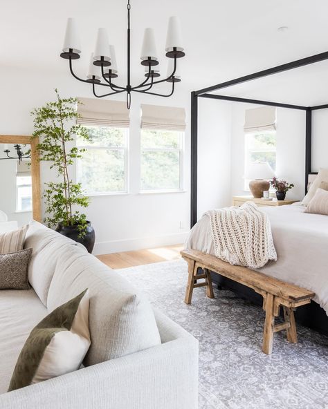 Creating a primary bedroom space that feels like a spa/ luxury hotel for our clients is always the goal. The photos don't even do this space justice. When you walk into this room it feels so serene and lovely I just can't handle it. Hands down one of my favorite spaces in this gorgeous custom home . ✨ photos @susanmagre . . . . . . . . . . #interiordesign #homedesign #interiorinspo #interiorarchitecture #homedecorideas #mullendesignco #kitcheninspo #kitchenrenovation #interiors #interiorstyl... Transitional Design Bedroom, Post Bed, Sleeping Nook, Spa Luxury, Bedroom Reveal, Vintage Bench, Transitional Bedroom, Bedroom Remodel, Primary Bedroom