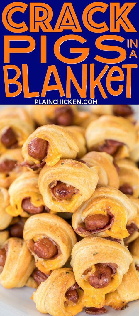 Crack Pigs in a Blanket - pigs in a blanket loaded with cheddar, bacon and ranch - OH MY GOODNESS!!! Only 5 ingredients and ready in about 15 minutes. Great for parties! These things FLY off the plate!!! I almost always double the recipe! #superbowl #tailgating #pigsinablanket Football Friday, Bacon Appetizers, Plain Chicken, Tailgating Recipes, Tailgate Food, Pigs In A Blanket, Oh My Goodness, Football Food, Super Bowl Food