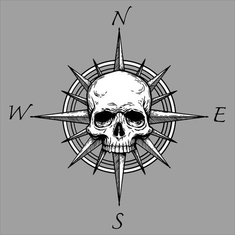 Compass rose and piracy skull. illustr... | Premium Vector #Freepik #vector #skull #compass #illustration #direction Compass Skull Tattoo, Pirates Tattoo Ideas, Compass Tattoo Design Men, Pirate Compass Tattoo, Pirate Ship Skull Tattoo, Pirate Skull Drawing, Compass Rose Art, Compass Illustration, Pirates Skull Tattoo